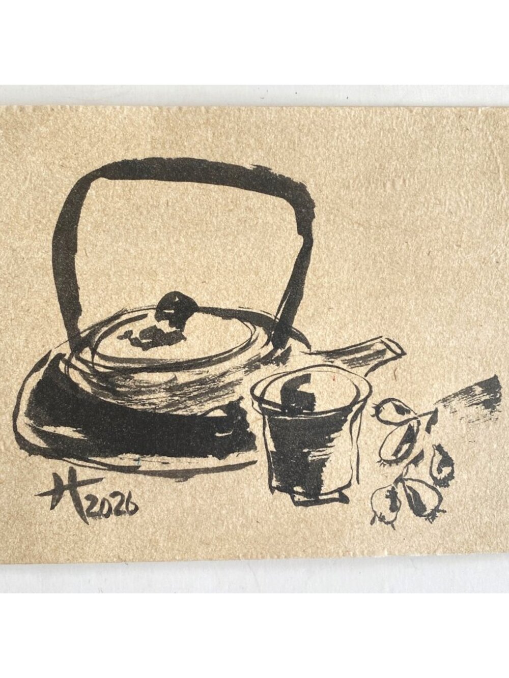 Tea and Loquats Original Watercolor Painting 8x10in Black Mat Frame Ready Art